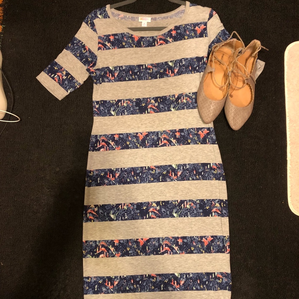 LuLaRoe Gray and Blue Striped Midi Dress